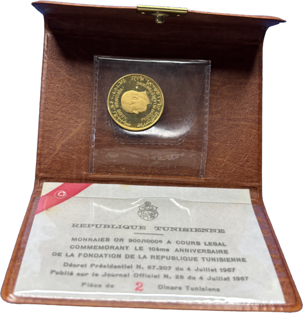 2 dinars Tunisie 1967 or 900% SPL coffret ouvert