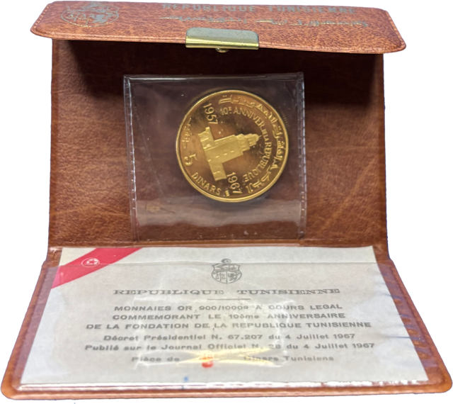 5 dinars Tunisie 1967 or 900% SPL coffret ouvert