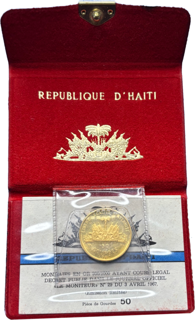 50 Gourdes Haïti 1967 or 900% SPL coffret présentation