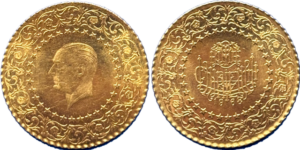 25 kuruş Turquie Atatürk or 917% SUP 1968 R2 droit et revers