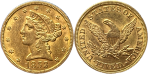 5 dollars 1853 Philadelphie TTB half eagle sans devise droit et revers