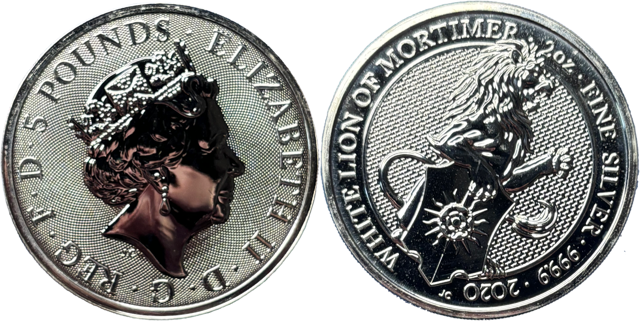 5 Pounds Elisabeth II argent 999 ‰ 2 onces 2020 white lion Queen’s Beasts droit et revers