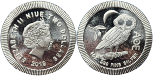 2 Dollars Elisabeth II argent 999 ‰ 1 once 2019 Niue Athena droit et revers