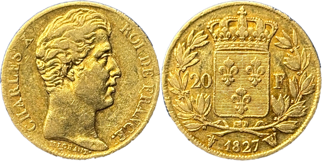 20 francs Charles X 1827 W TTB+ R2 droit et revers