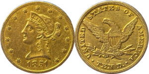 10 dollars sans devise 1851 O Nouvelle Orléans TTB+ droit et revers