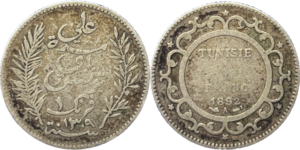 1 franc Tunisie 835% 1891 / 1892 Ali selon disponibilité droit et revers