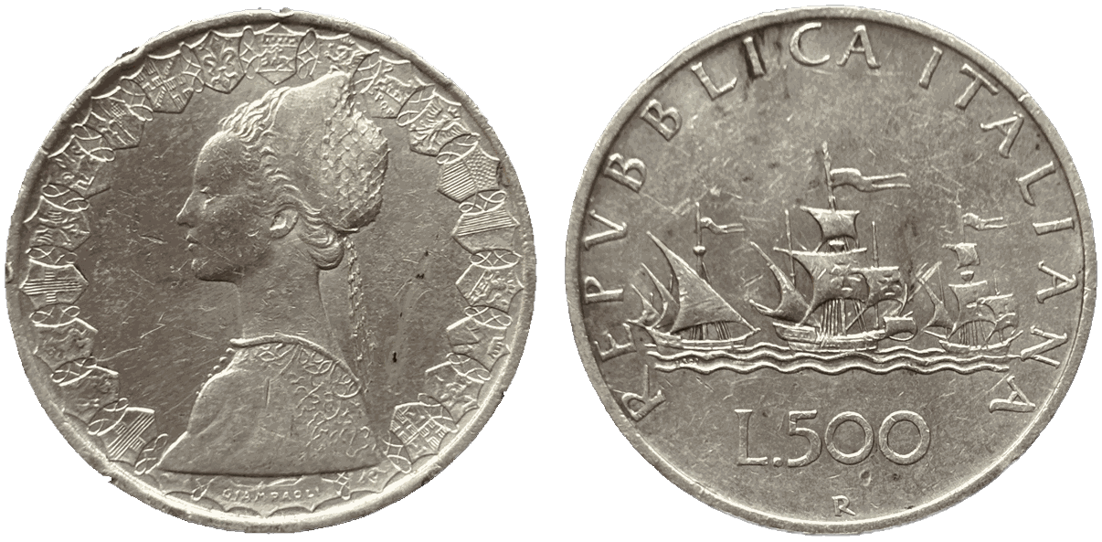 500 lire argent Italie caravelle droit et revers
