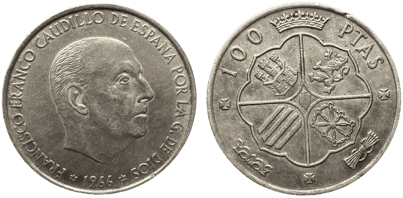 100 pesetas argent Espagne Franco 1966 droit et revers
