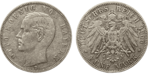 5 Mark Argent Bavière Otto Ier 1900 D Munich droit et revers
