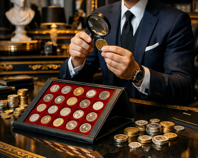 Expert numismate examinant une monnaie de collection avec une loupe - Parlons Monnaies