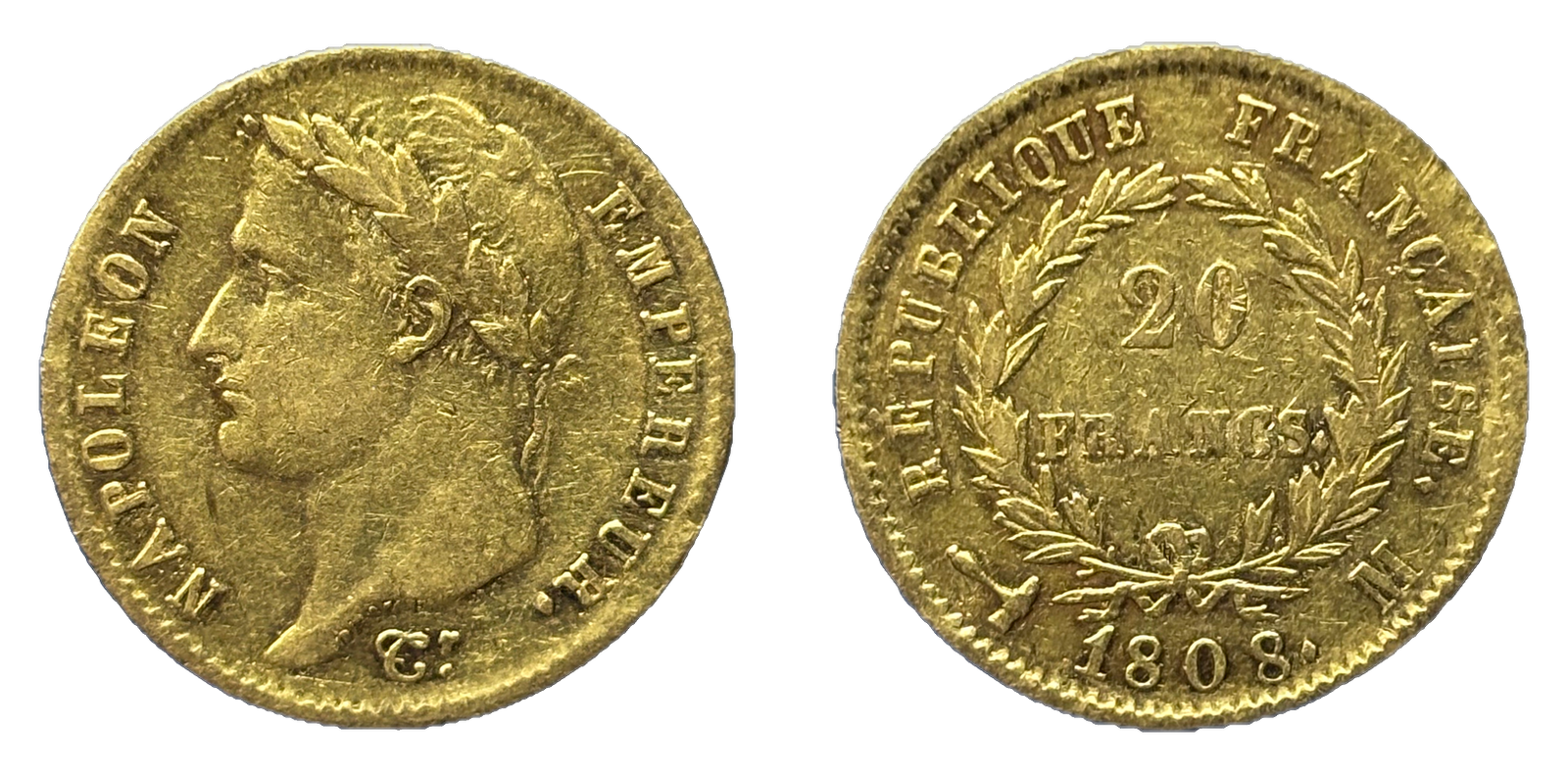 20 Francs Or Napoléon Ier Tête Nue 1808 M Toulouse - droit et revers