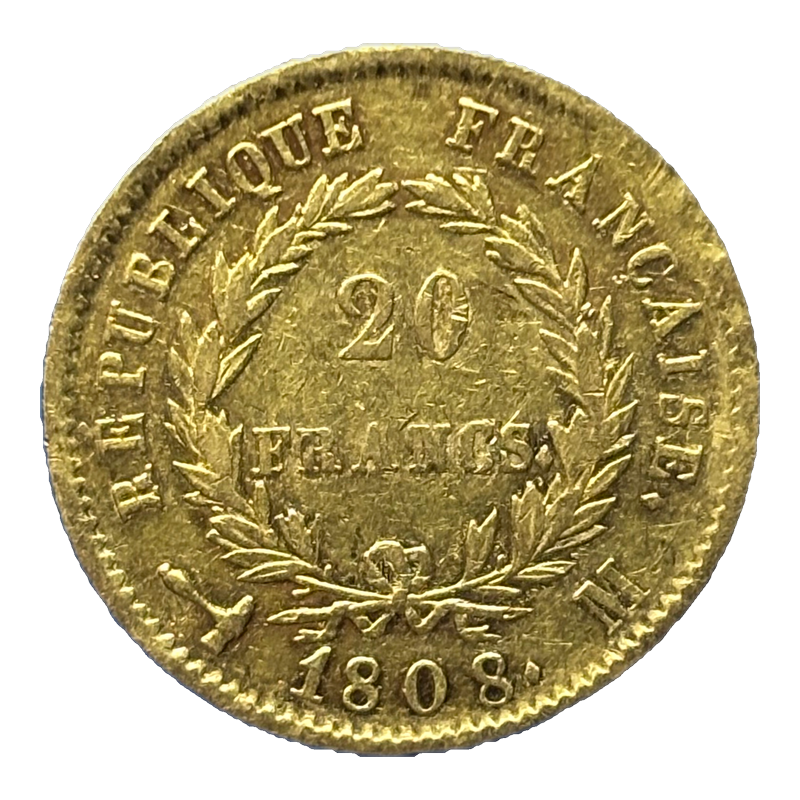 20 Francs Or Napoléon Ier Tête Nue 1808 M Toulouse - revers