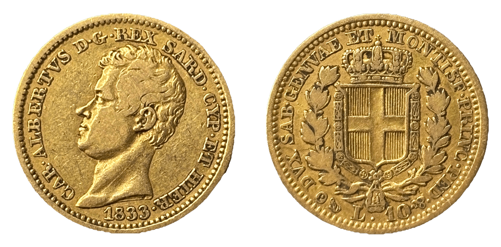 10 Lire Or Carlo Alberto 1833 Genova TTB Rare - droit et revers