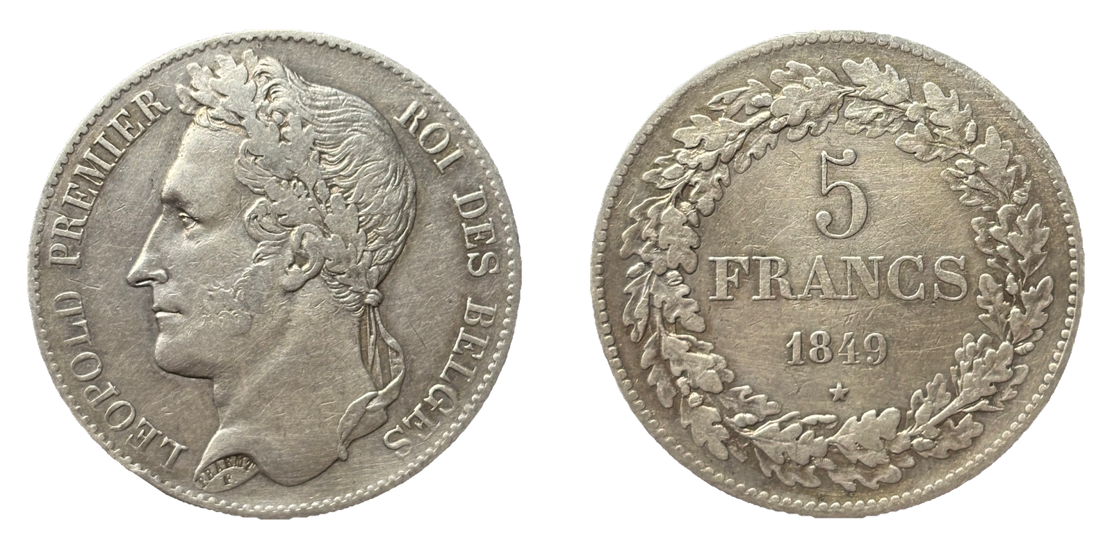 5 francs Belgique Léopold Ier tête laurée argent - avers et revers