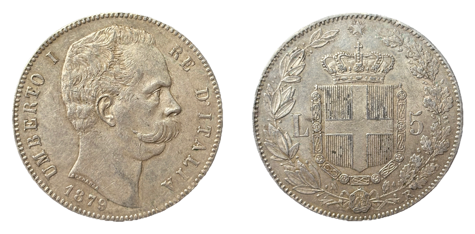 5 Lire Umberto I Roi d'Italie 1879 Roma Argent TTB - droit et revers