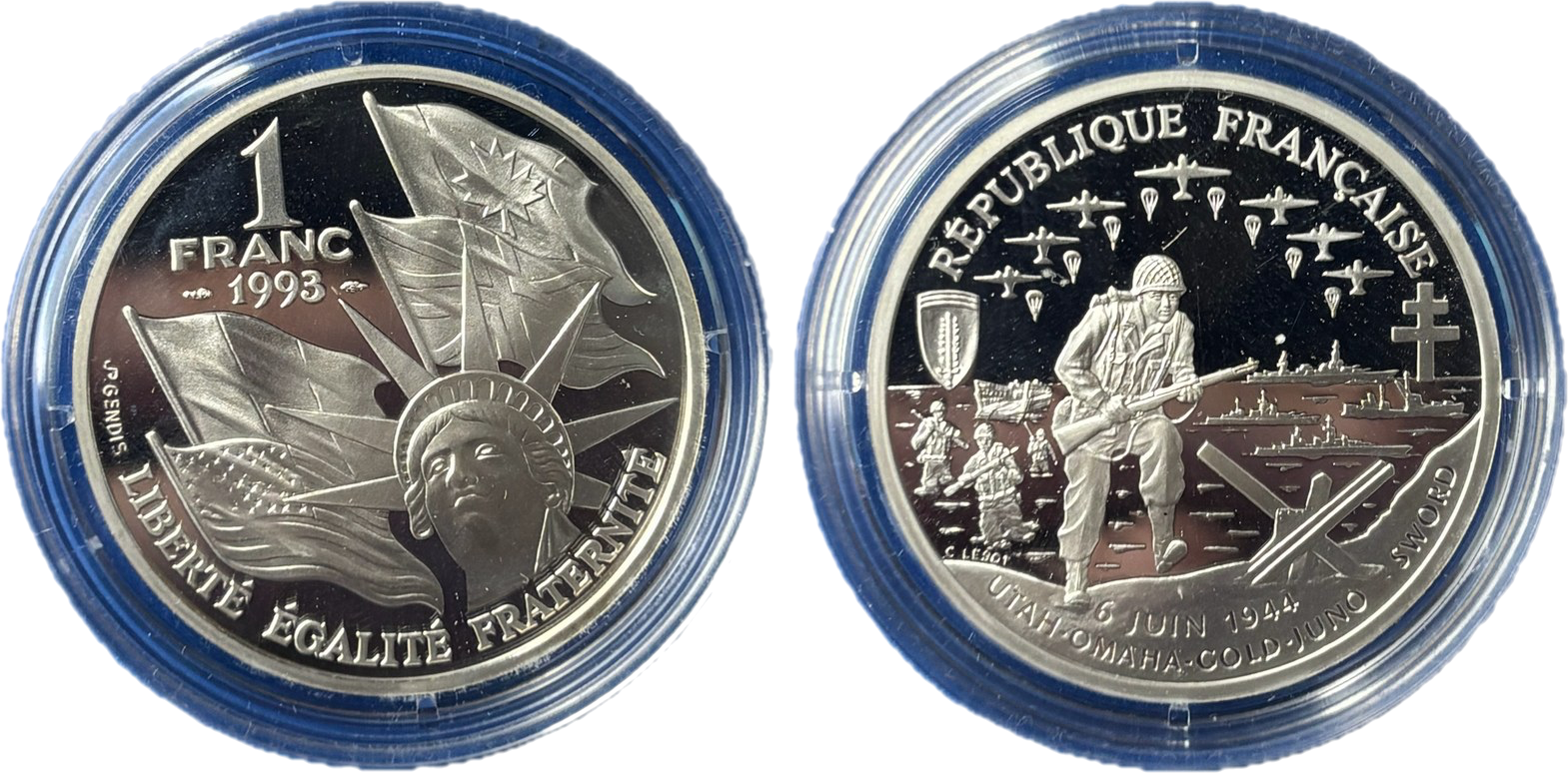 Pièce 1 F argent Liberté Statue Bartholdi 1993 commémorative Débarquement 6 juin 1944 droit et revers