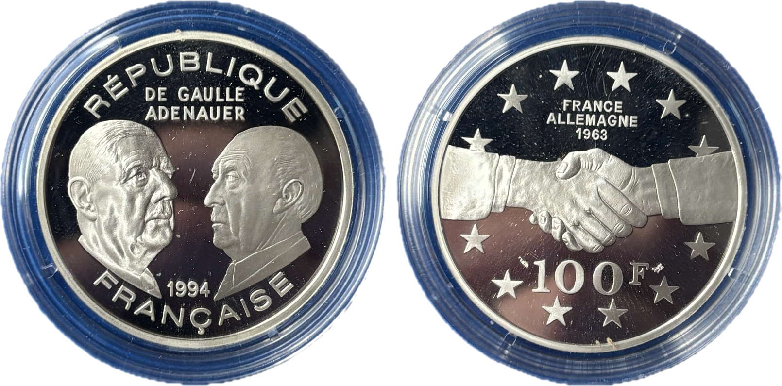 Pièce 100 F argent De Gaulle-Adenauer 1994 Traité de l Élysée France Allemagne 1963 droit et revers