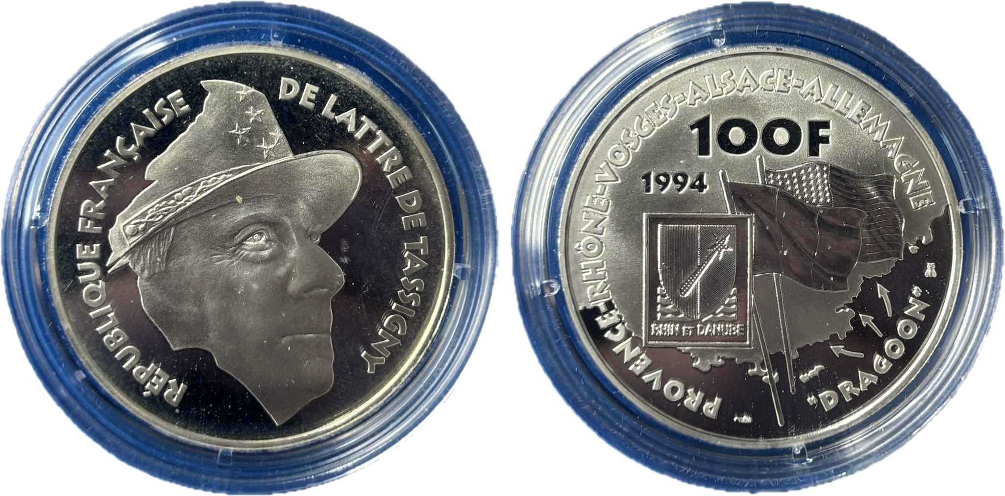 Pièce 100 F argent De Lattre de Tassigny 1994 Débarquement Provence DRAGOON droit et revers
