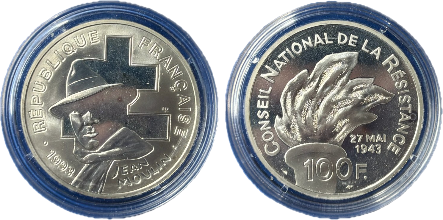 Pièce 100 F argent Jean Moulin Conseil National de la Résistance 27 mai 1943 droit et revers