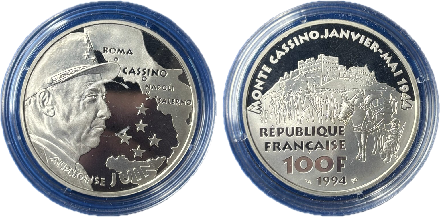 Pièce 100 F argent Alphonse Juin Monte Cassino 1944 Italie Corps expéditionnaire français droit et revers