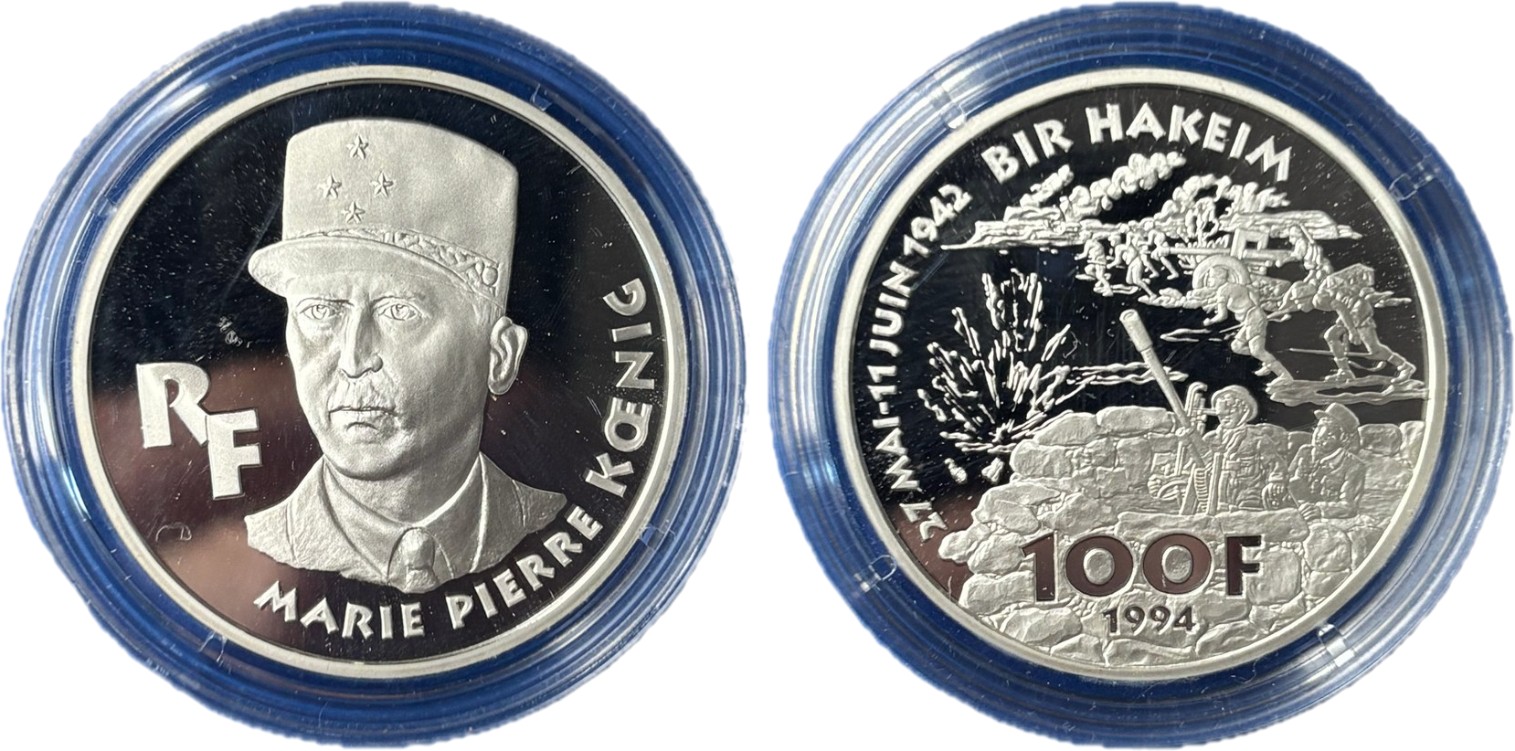 Pièce 100 F argent Marie-Pierre Koenig Bir Hakeim 1942 Libye Forces Françaises Libres droit et revers