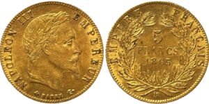 5 francs or Napoléon III tête laurée 1865 BB SUP - vue d'ensemble avers et revers
