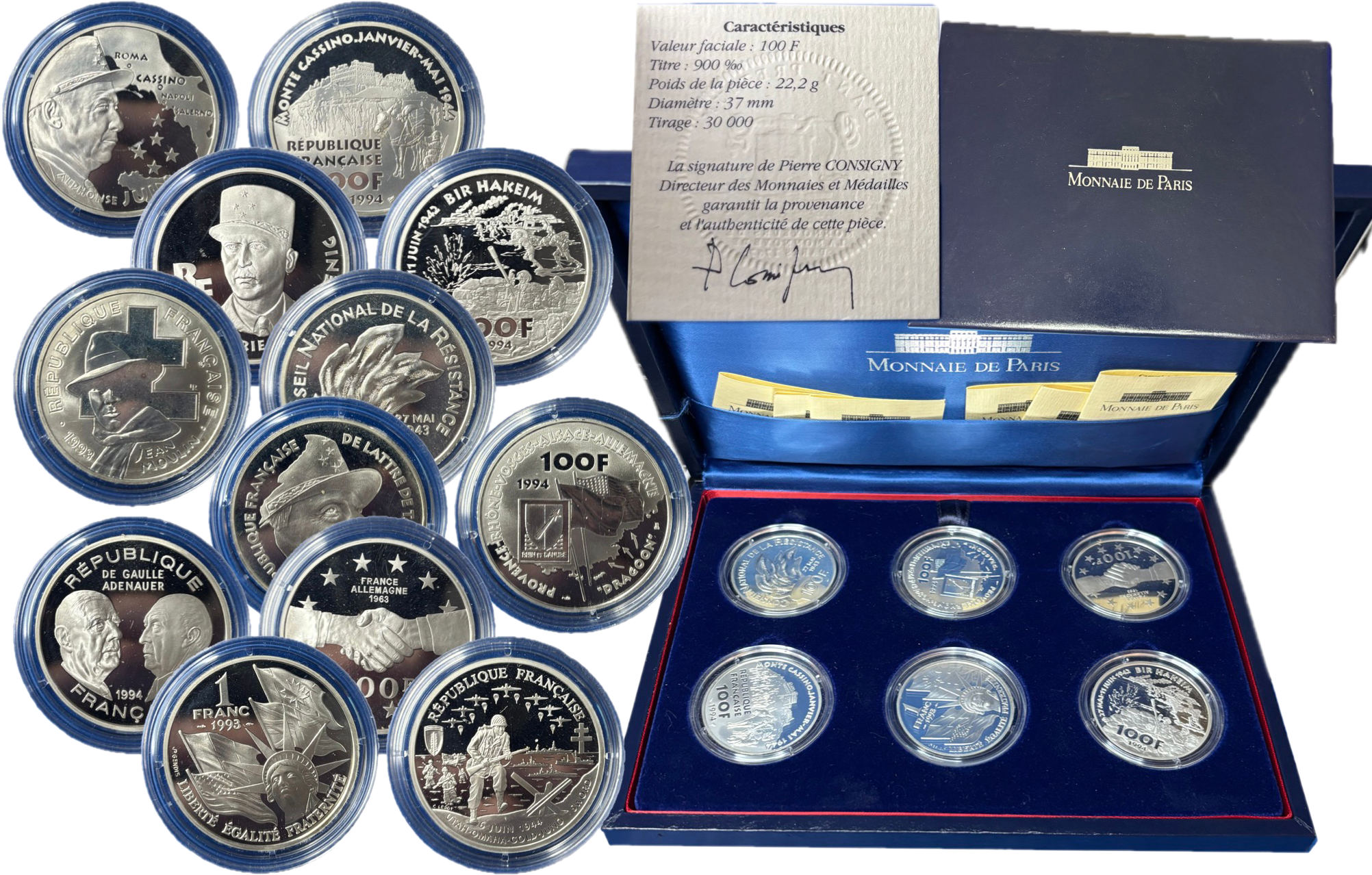 Coffret MDP 50e anniversaire Libération 1993-1994 avec 6 pièces argent : 5×100 F + 1 F Liberté Statue Bartholdi