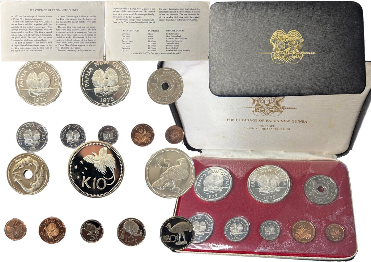 Coffret Proof Set Papouasie-Nouvelle-Guinée 1975 Franklin Mint avec livret et 8 pièces argent et cupro-nickel