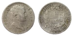 1 franc Napoléon Ier 1808 BB Strasbourg argent - droit et revers