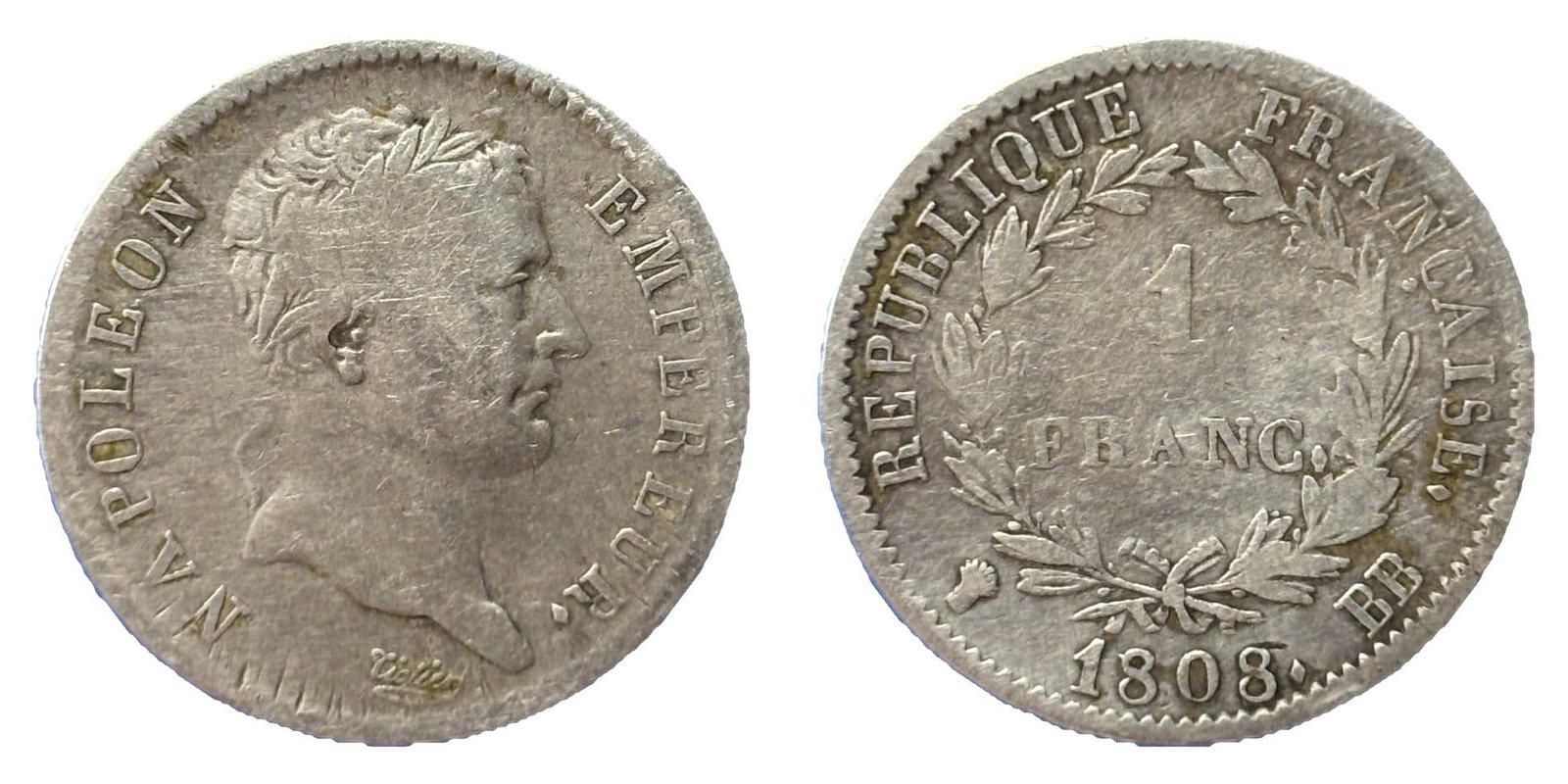 1 franc Napoléon Ier 1808 BB Strasbourg argent - droit et revers