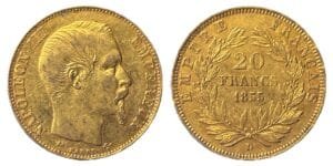 20 Francs or Napoléon III tête nue 1855 D - droit et revers