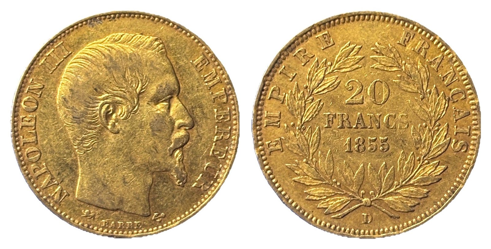 20 Francs or Napoléon III tête nue 1855 D - droit et revers