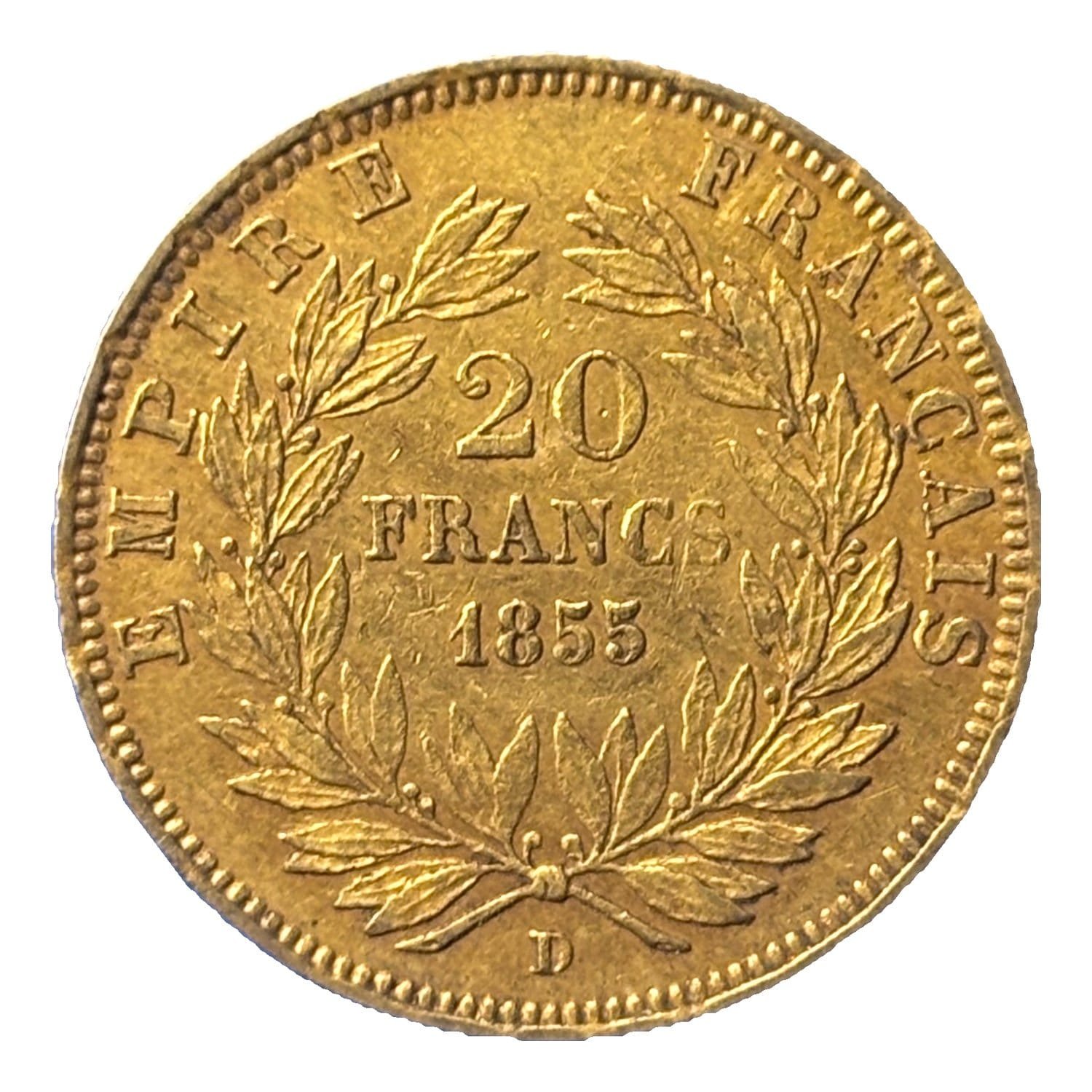 20 Francs or Napoléon III tête nue 1855 D - revers