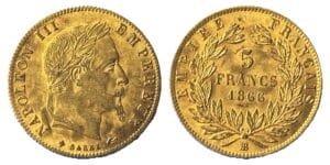 5 francs or Napoléon III tête laurée 1866 BB SUP
