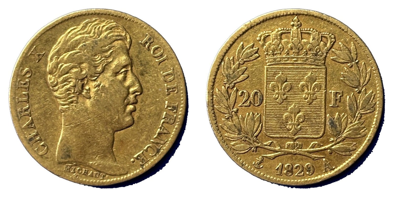 20 francs or Charles X 1829 A TTB - 4 feuilles ½ - droit et revers