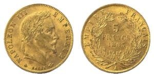 5 francs or Napoléon III tête laurée 1863 A SUP+ - droit et revers