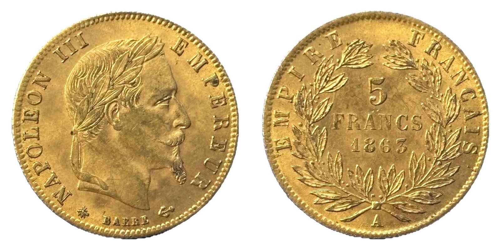 5 francs or Napoléon III tête laurée 1863 A SUP+ - droit et revers