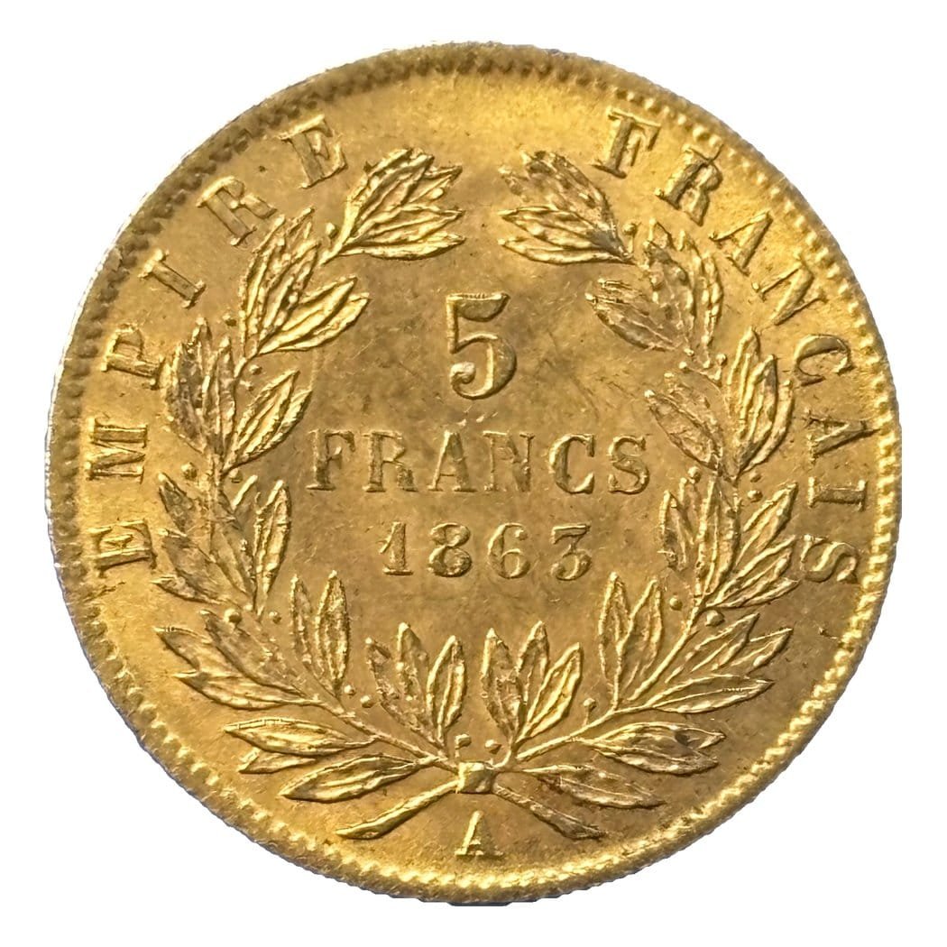 5 francs or Napoléon III tête laurée 1863 A SUP+ - revers