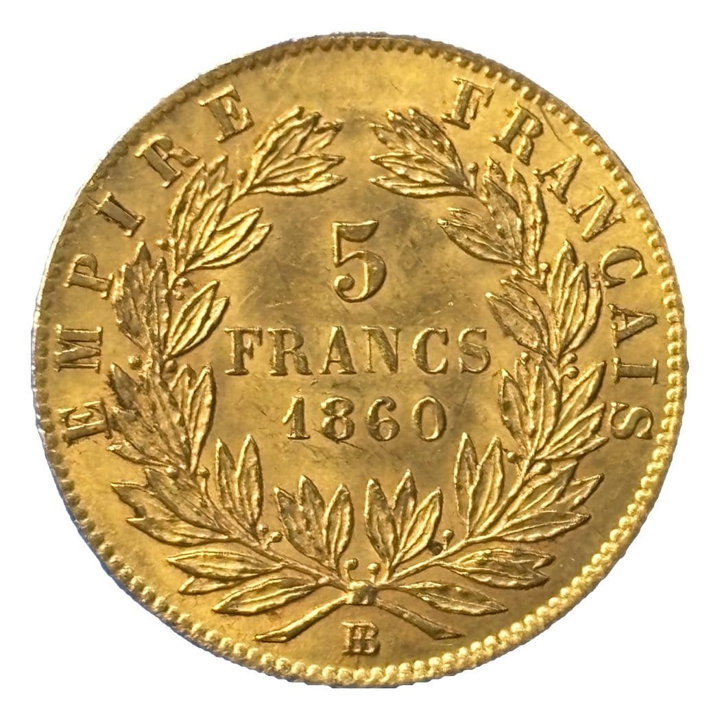 5 francs or Napoléon III tête nue 1860 BB SUP - revers