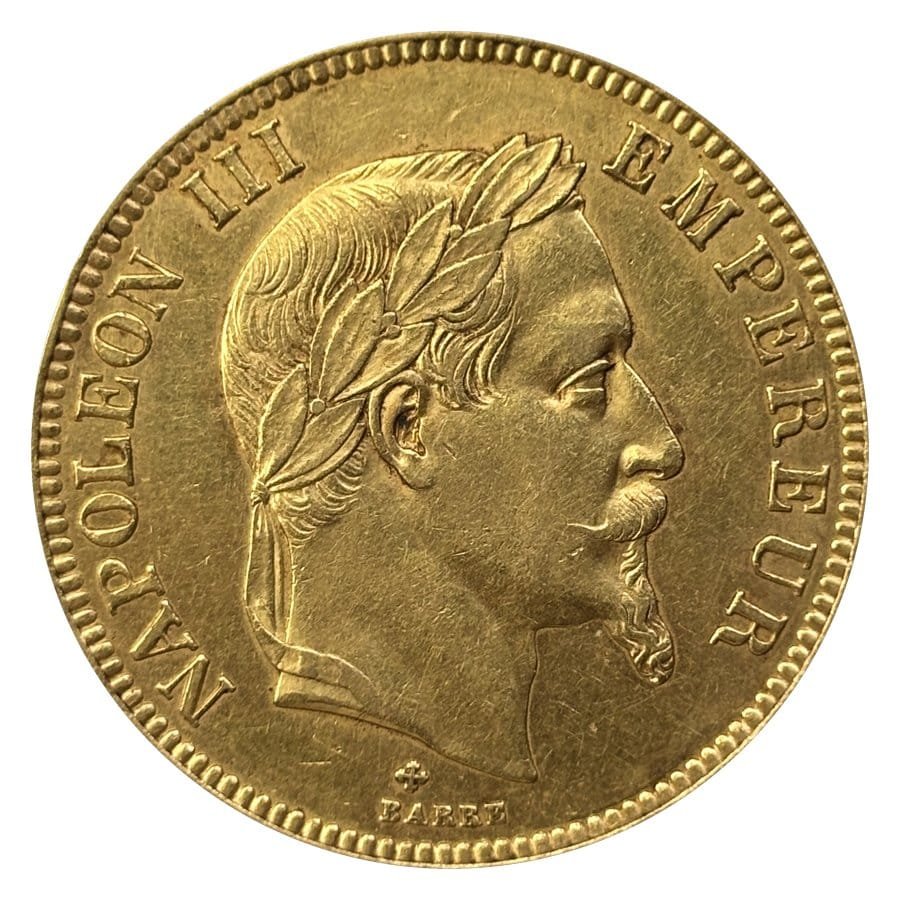 100 francs or Napoléon III tête laurée 1869 BB, droit : tête laurée par Barre