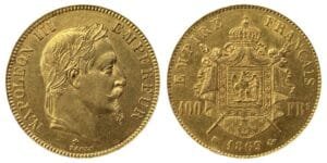 100 francs or Napoléon III tête laurée 1869 BB Strasbourg TTB+, droit et revers
