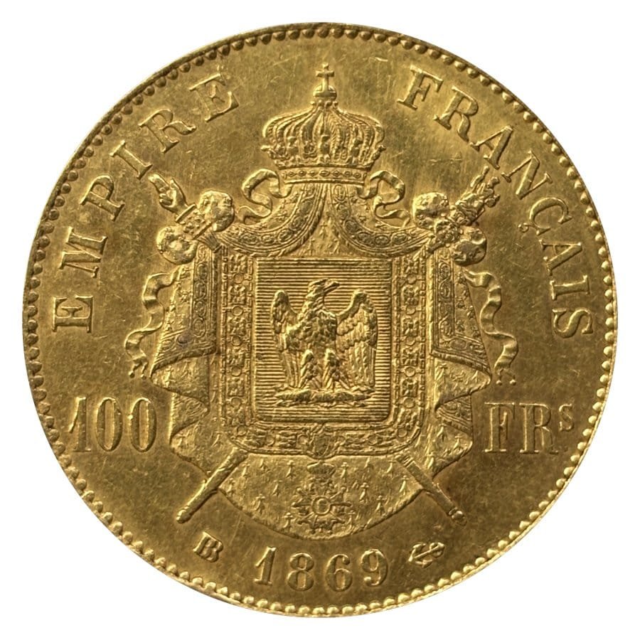 100 francs or Napoléon III 1869 BB, revers : armoiries impériales, 100 FRS
