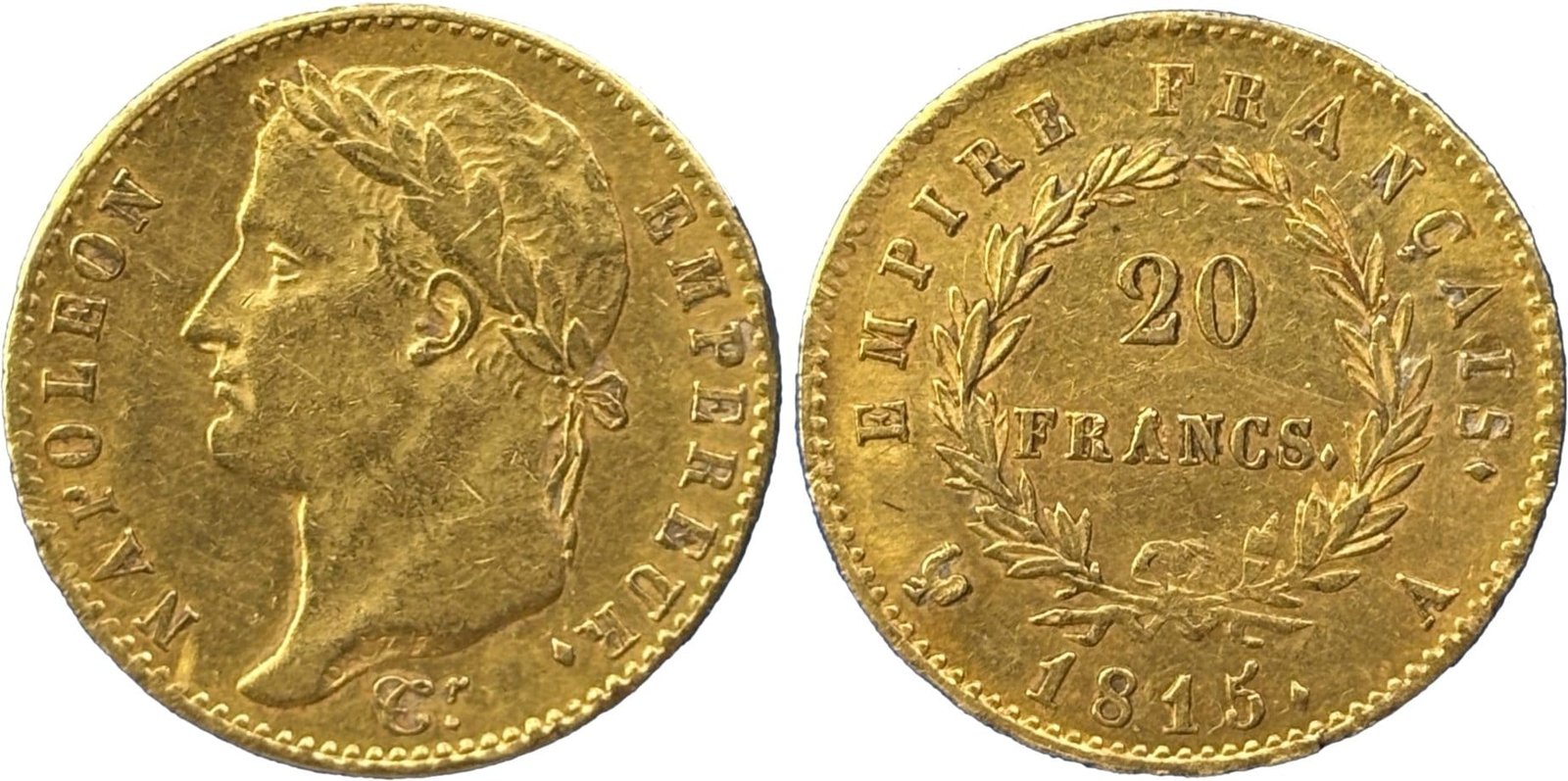 20 francs or Napoléon Ier tête laurée 1815 A Paris Cent-Jours SUP, droit et revers