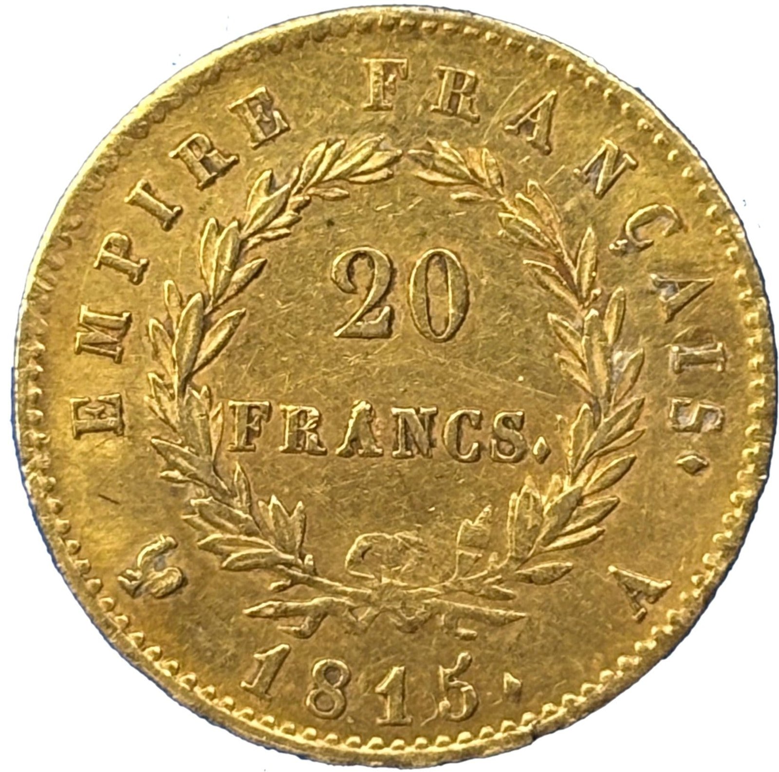 20 francs or Napoléon Ier 1815 A Cent-Jours, revers : 20 FRANCS dans la couronne, EMPIRE FRANÇAIS