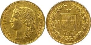 20 francs or Suisse Helvetia 1883-1896, droit et revers
