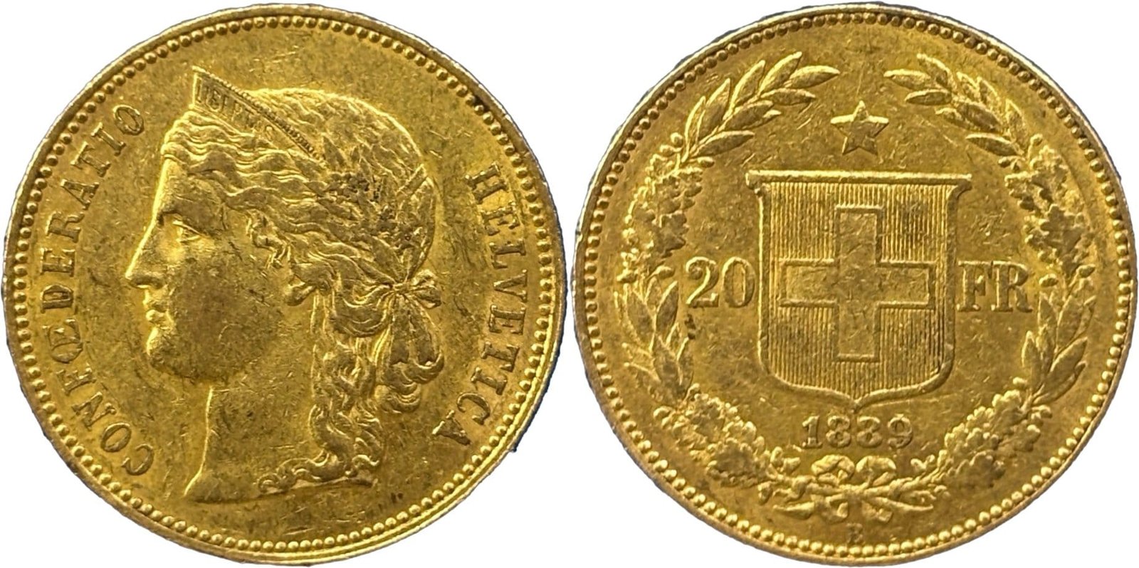 20 francs or Suisse Helvetia 1883-1896, droit et revers