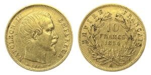 10 francs or Napoléon III tête nue 1854 A petit module tranche lisse TTB - droit et revers