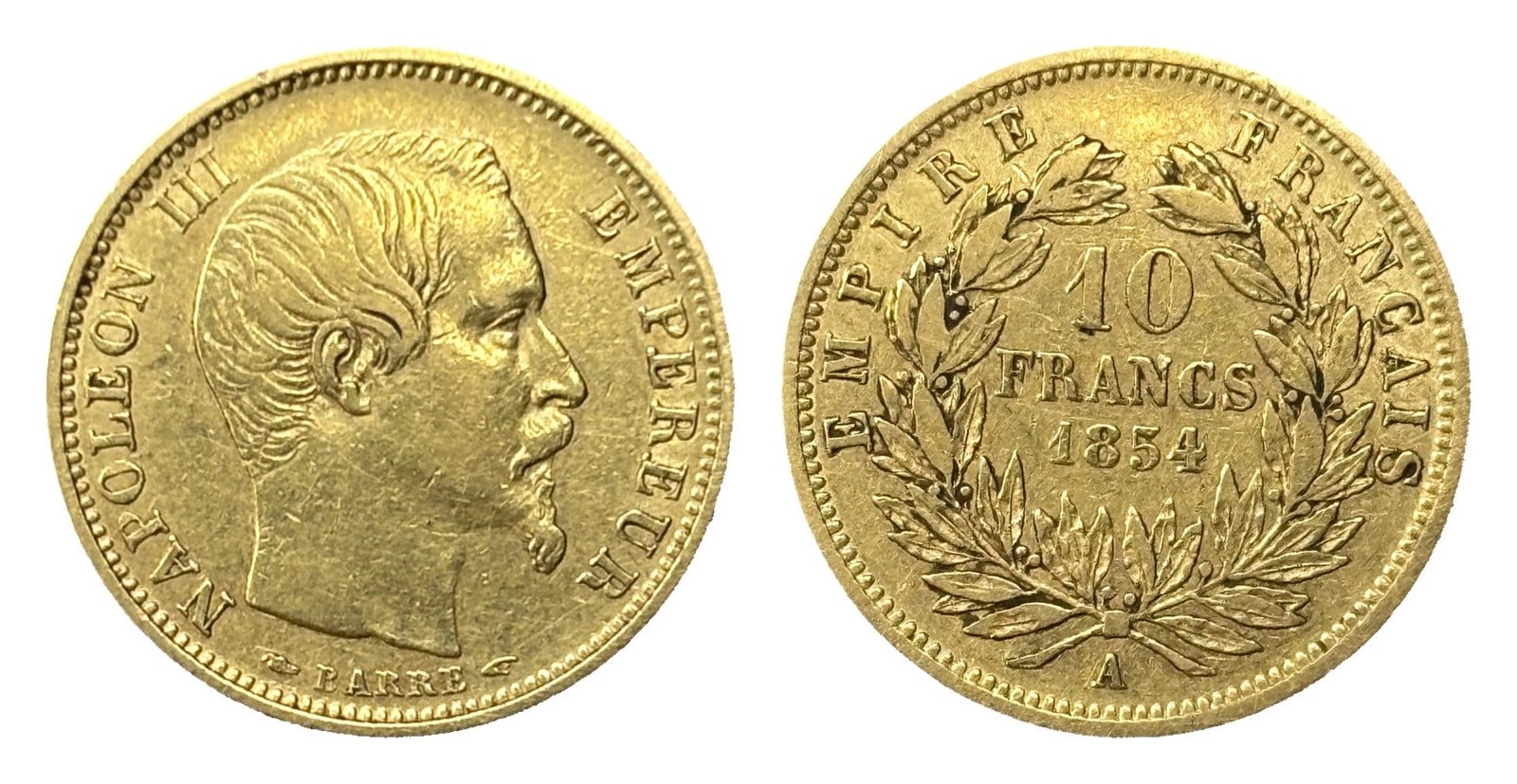 10 francs or Napoléon III tête nue 1854 A petit module tranche lisse TTB - droit et revers
