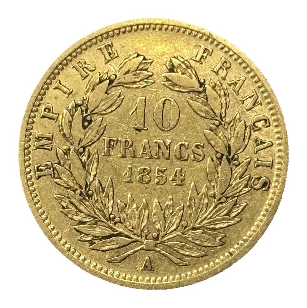 10 francs or Napoléon III tête nue 1854 A petit module tranche lisse TTB - revers