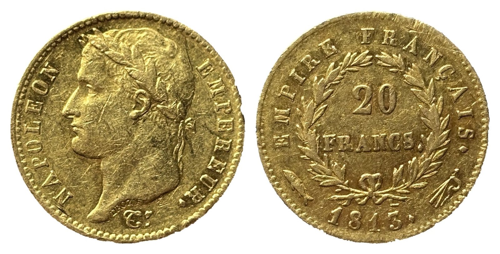 20 francs or Napoléon Ier tête laurée 1813 Utrecht TTB+, droit et revers